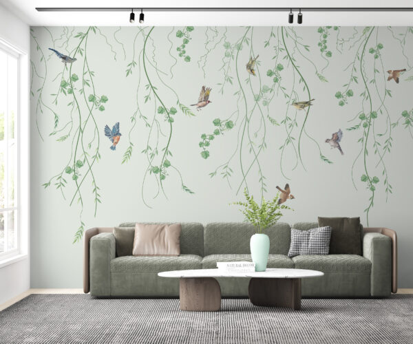 Behang met vogels en wijnranken Behang met vogels en wijnranken