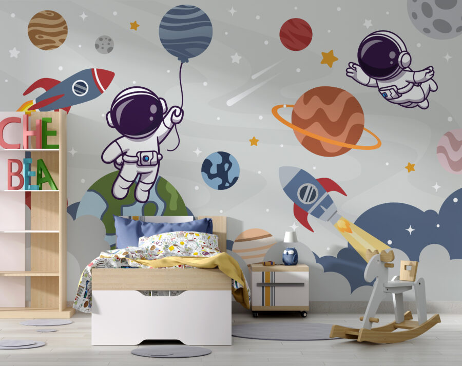 Fotobehang Cartoon astronaut in de ruimte met planeten en raket vliegen in de lucht - Afbeelding 4