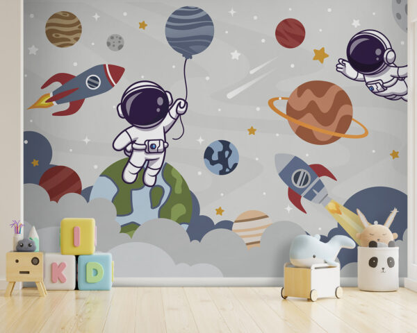 Cartoon astronaut in de ruimte met planeten en raket vliegen in de lucht Cartoon astronaut in de ruimte met planeten en raket vliegen in de lucht