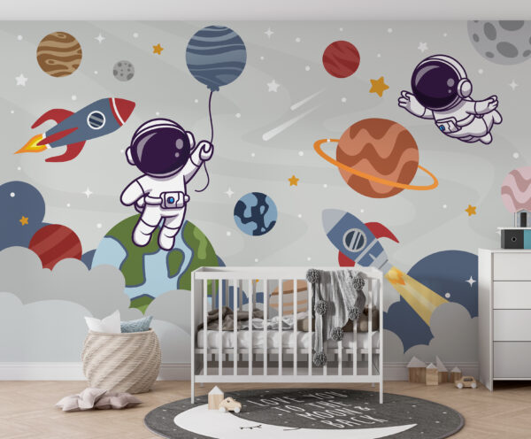 Cartoon astronaut in de ruimte met planeten en raket vliegen in de lucht Cartoon astronaut in de ruimte met planeten en raket vliegen in de lucht