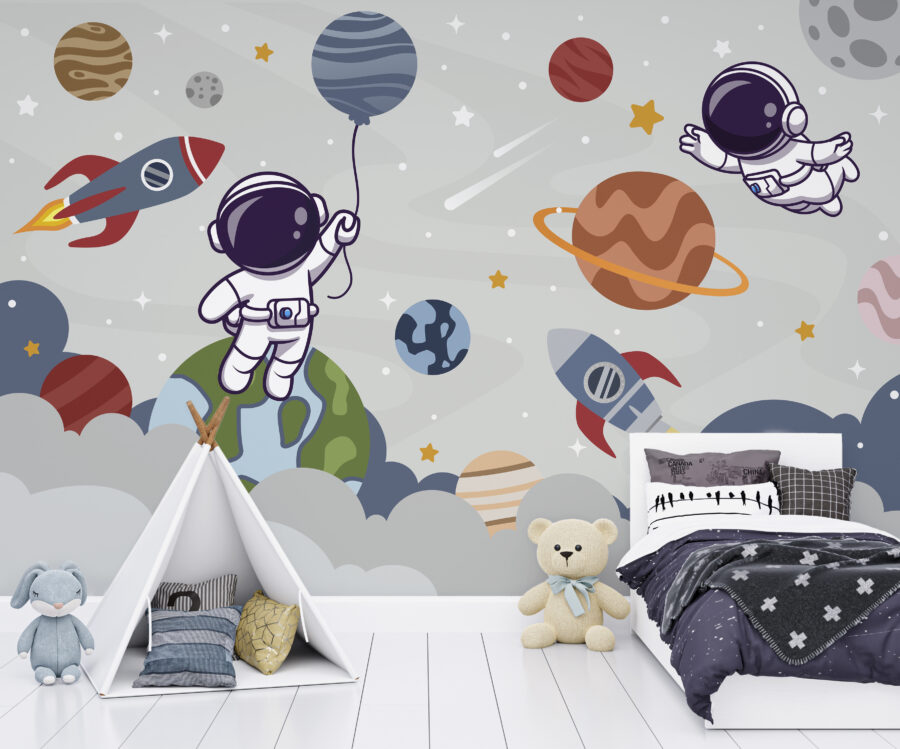 Fotobehang Cartoon astronaut in de ruimte met planeten en raket vliegen in de lucht
