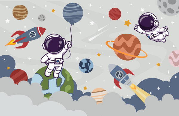 Cartoon astronaut in de ruimte met planeten en raket vliegen in de lucht Cartoon astronaut in de ruimte met planeten en raket vliegen in de lucht