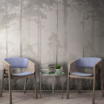 Fotobehang Mistig bos met hoge bomen