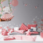 Fotobehang Cartoon van een kat op een schommel