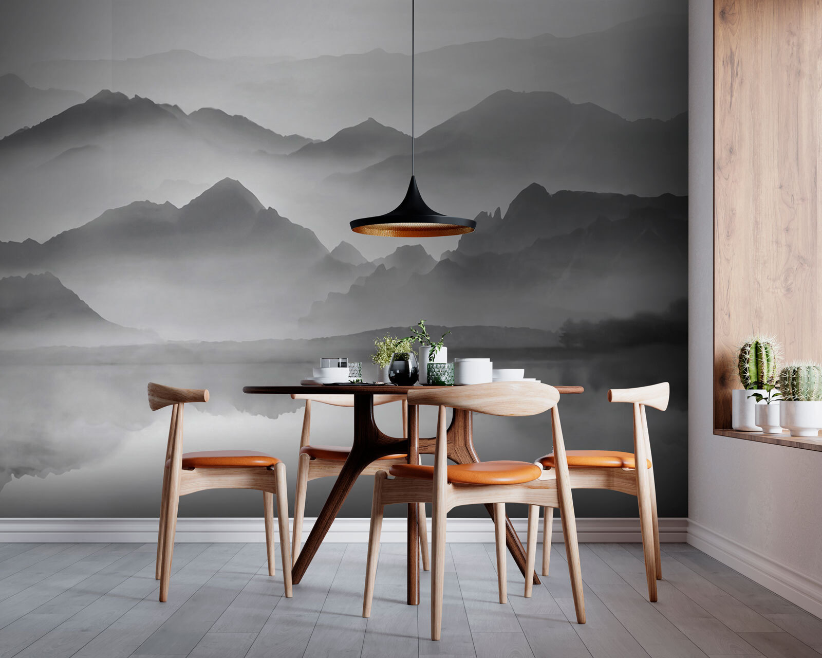 Mountain range with fog and water