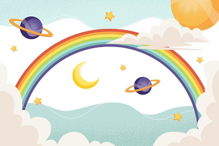 Regenboog met planeten en sterren