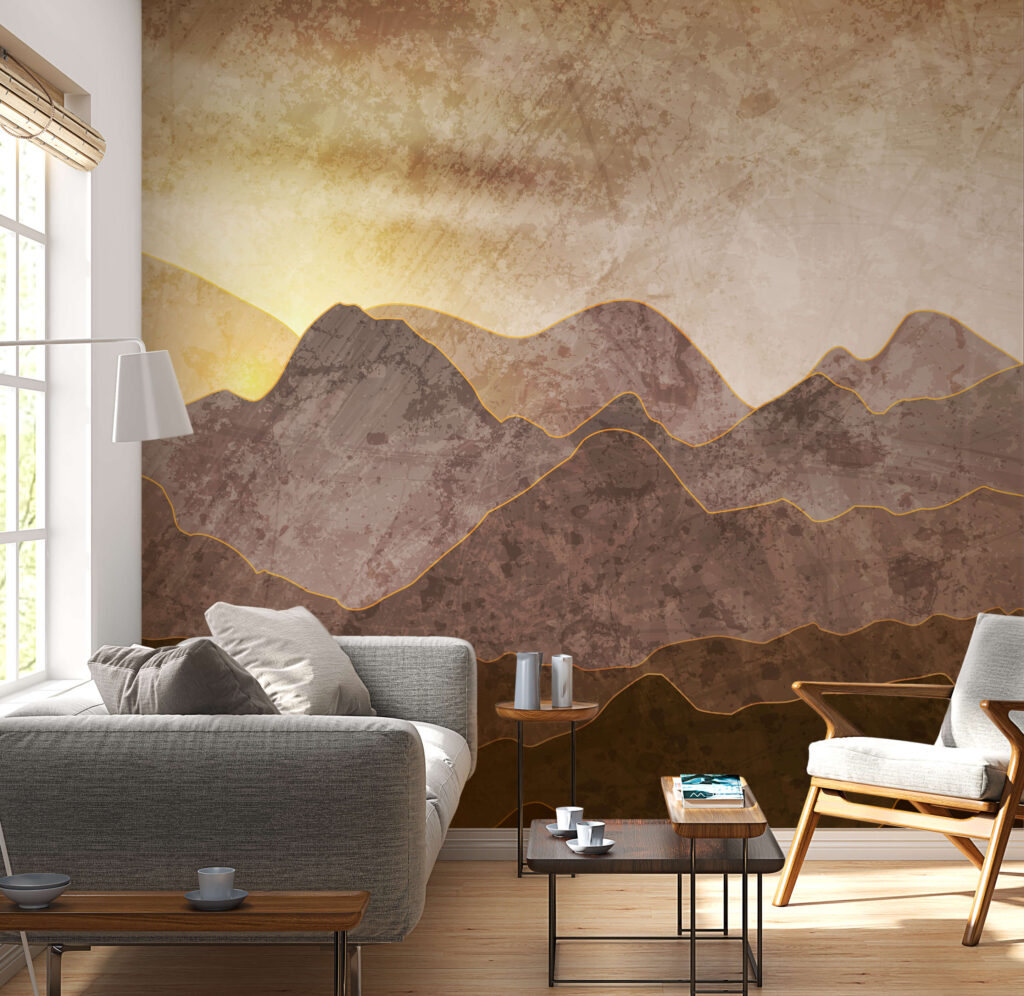 Painting of mountains and sun