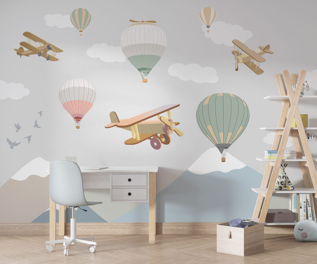 Group of hot air balloons and airplanes