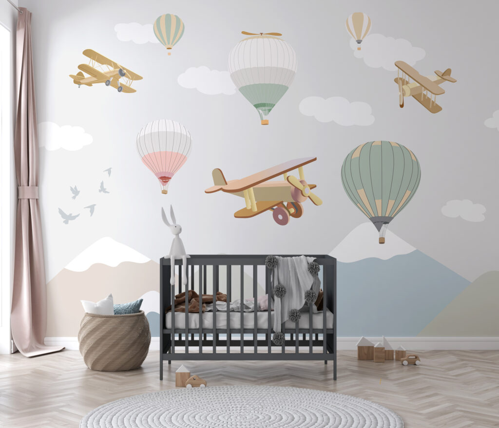 Group of hot air balloons and airplanes