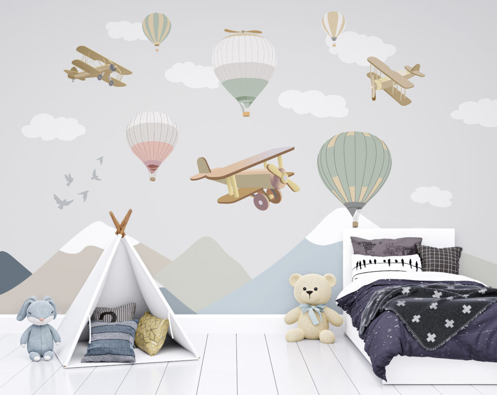 Group of hot air balloons and airplanes