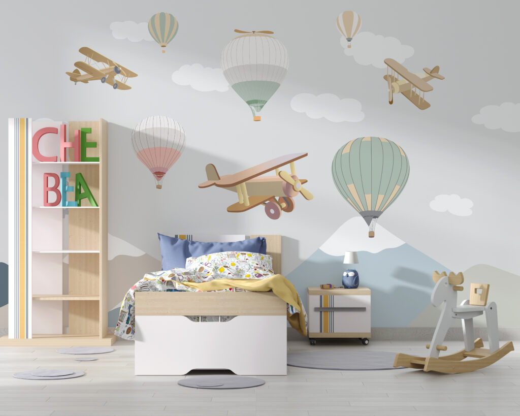 Group of hot air balloons and airplanes