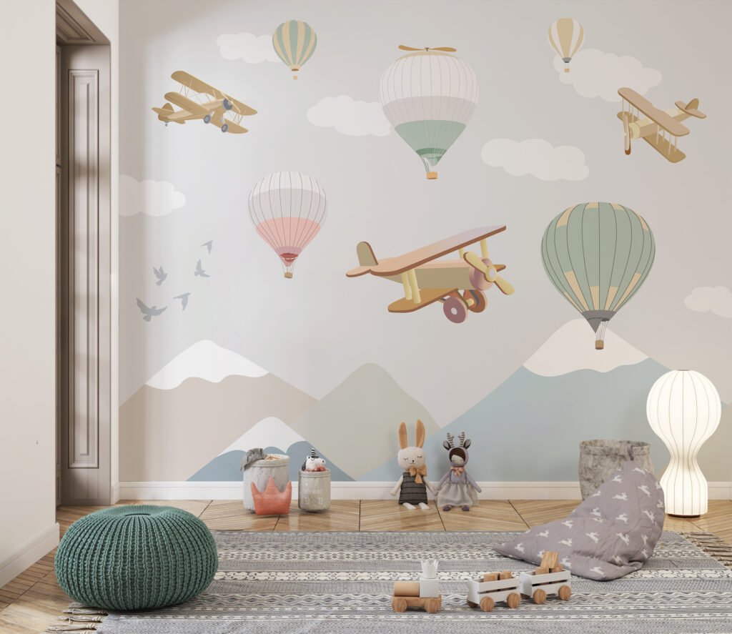 Group of hot air balloons and airplanes