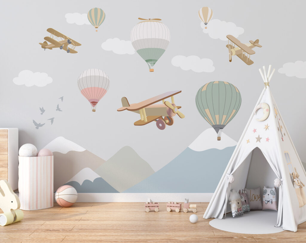 Group of hot air balloons and airplanes