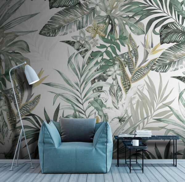 Behang met bladeren en bloemen Behang met bladeren en bloemen