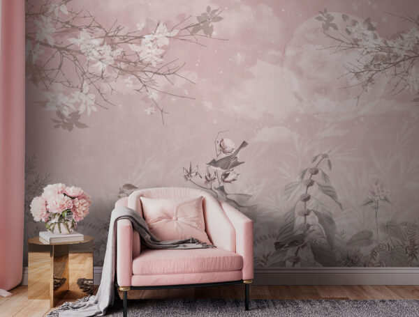 Roze achtergrond met vogels en bloemen Roze achtergrond met vogels en bloemen