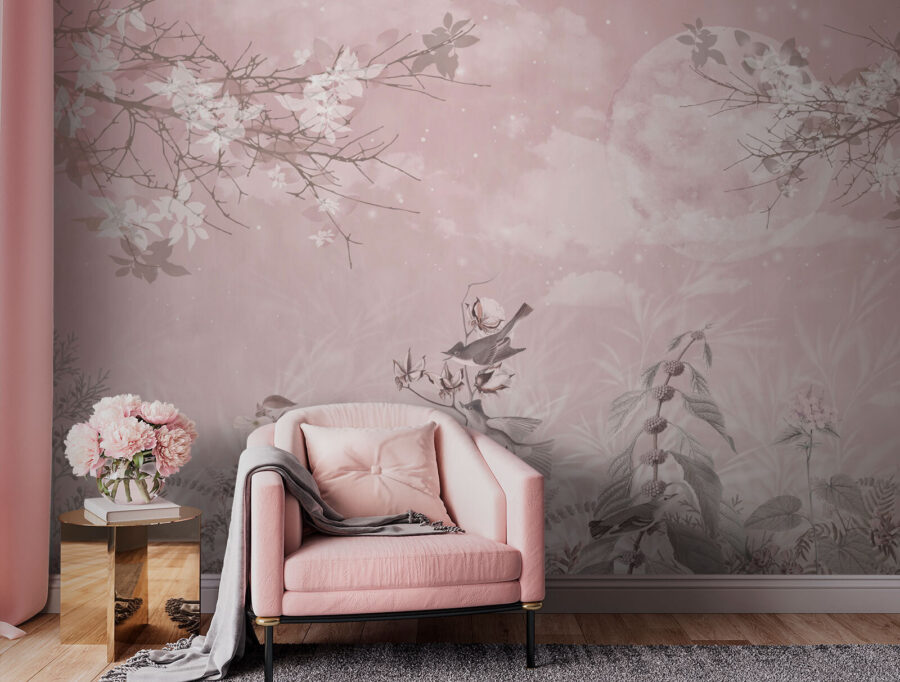 Roze achtergrond met vogels en bloemen