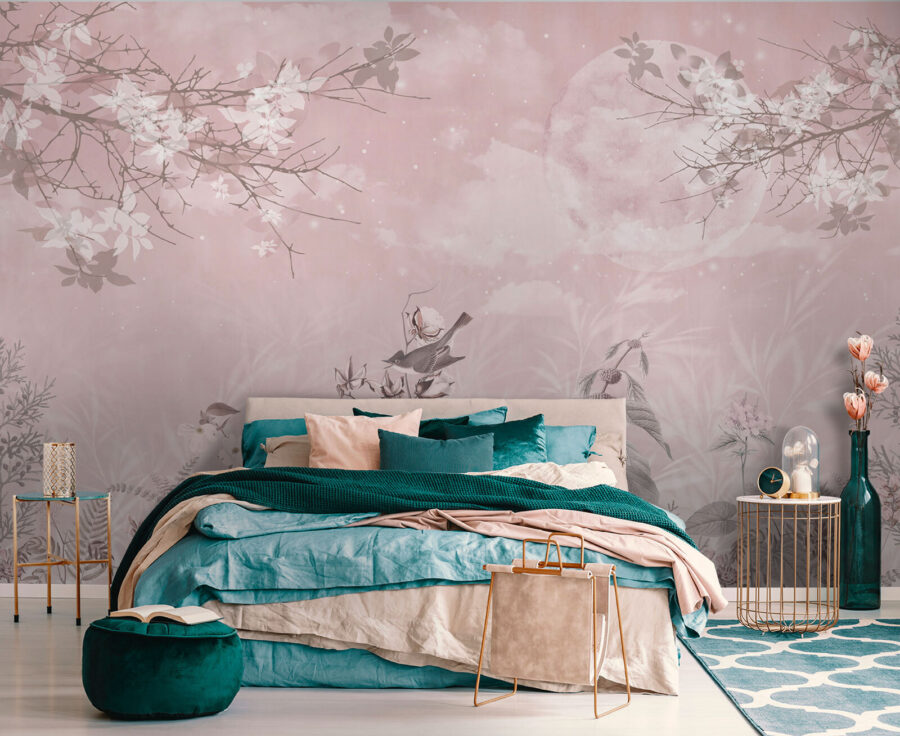 Roze achtergrond met vogels en bloemen