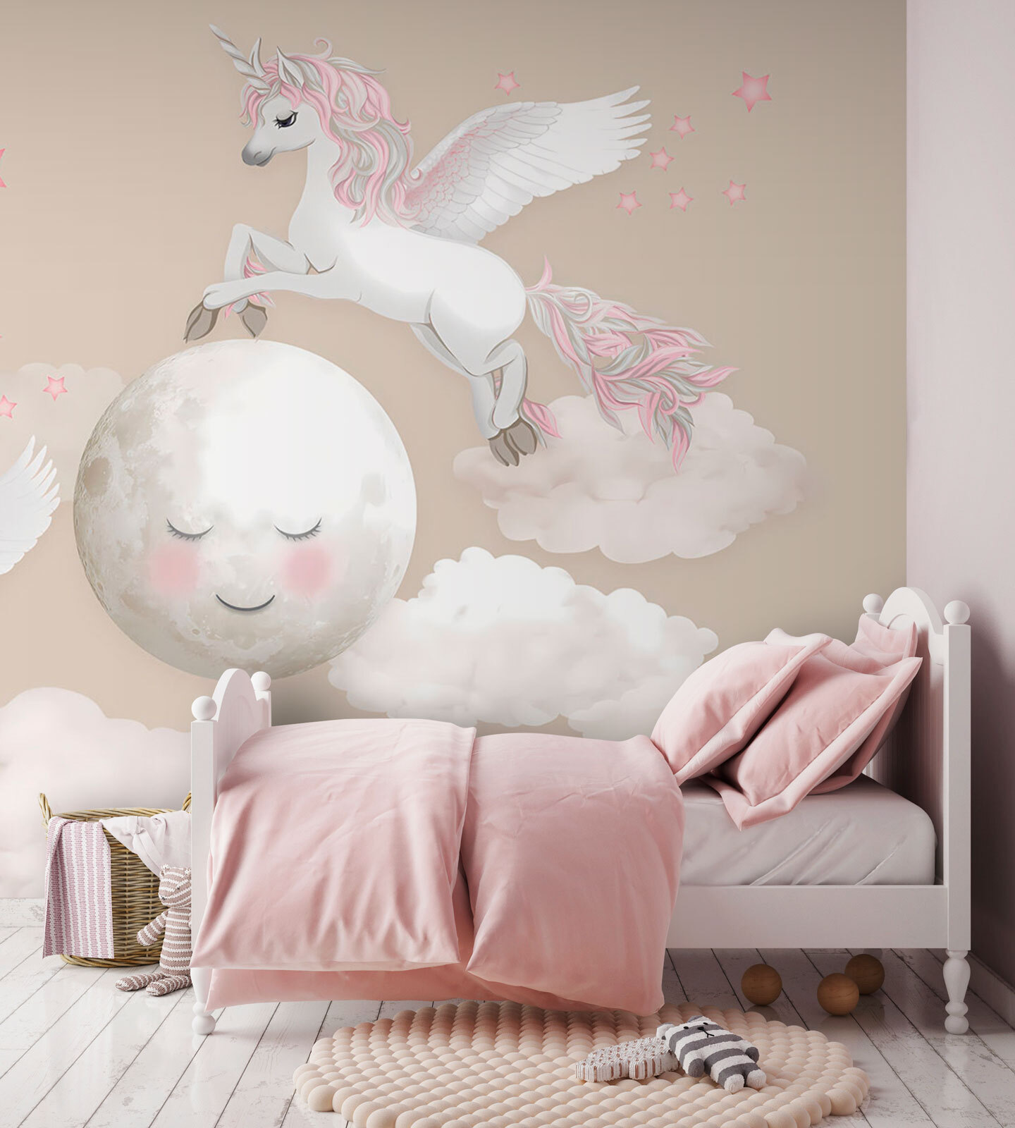 Group of unicorns flying on the moon Group of unicorns flying on the moon