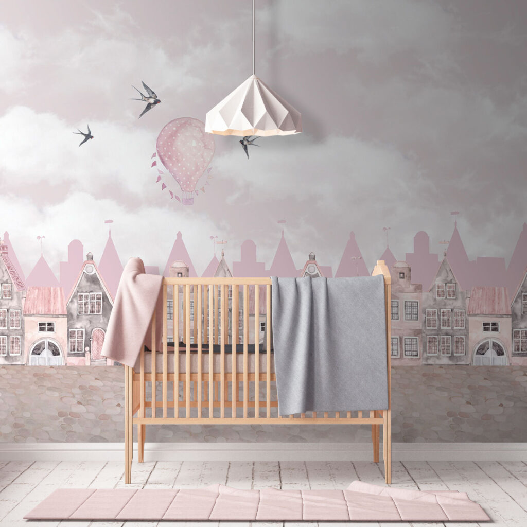 Pink and white cityscape with pink balloons and birds flying Pink and white cityscape with pink balloons and birds flying