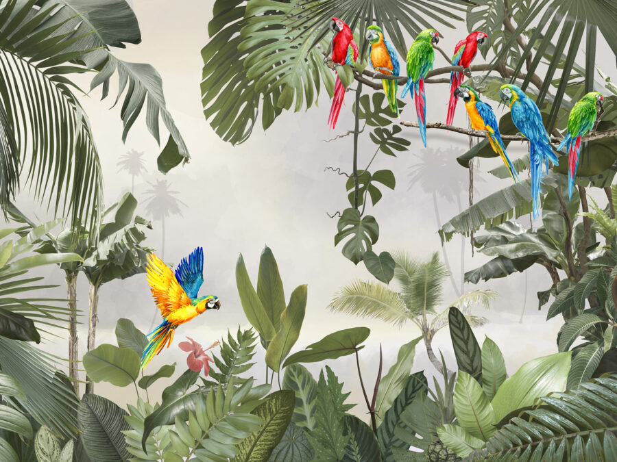 Groep kleurrijke vogels op een boomtak