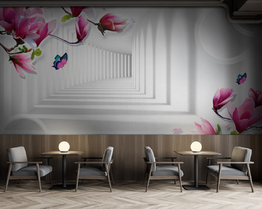 Fotobehang Behang met roze bloemen en vlinders - Afbeelding 3