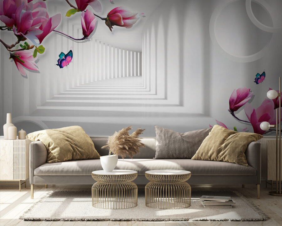 Fotobehang Behang met roze bloemen en vlinders