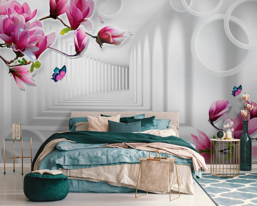 Fotobehang Behang met roze bloemen en vlinders - Afbeelding 2