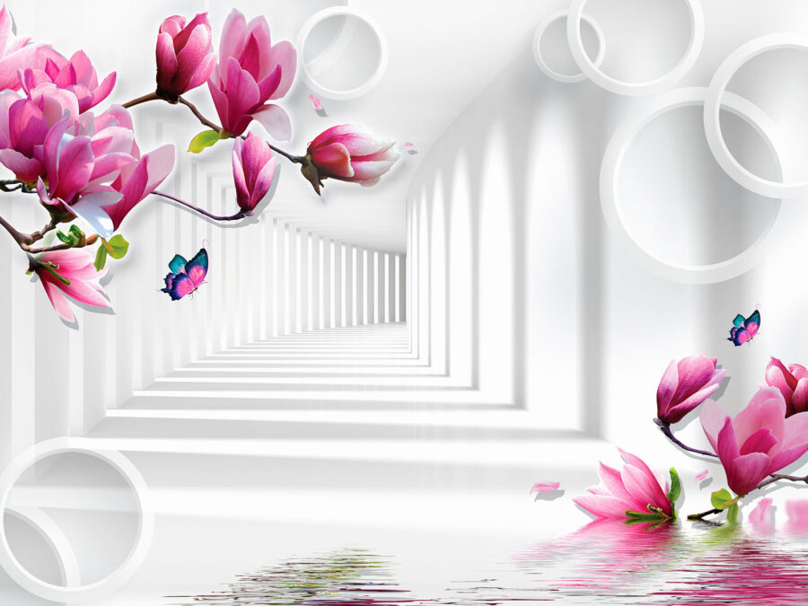 Fotobehang Behang met roze bloemen en vlinders - Afbeelding 4