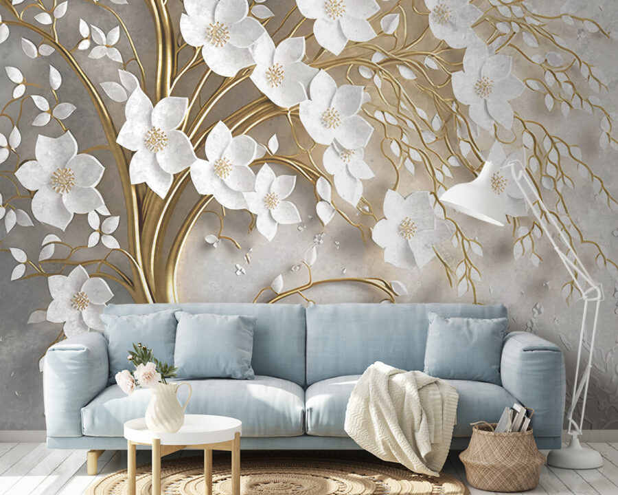 Boom met witte bloemen en bladeren