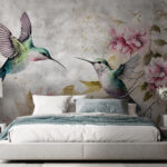 Fotobehang Schilderij van vogels en bloemen