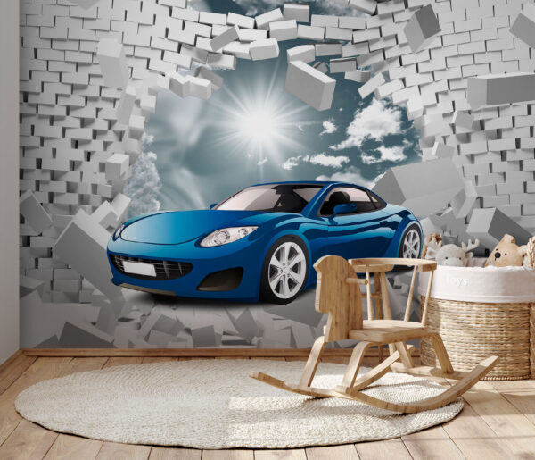 Blauwe auto in een muur van witte bakstenen Blauwe auto in een muur van witte bakstenen