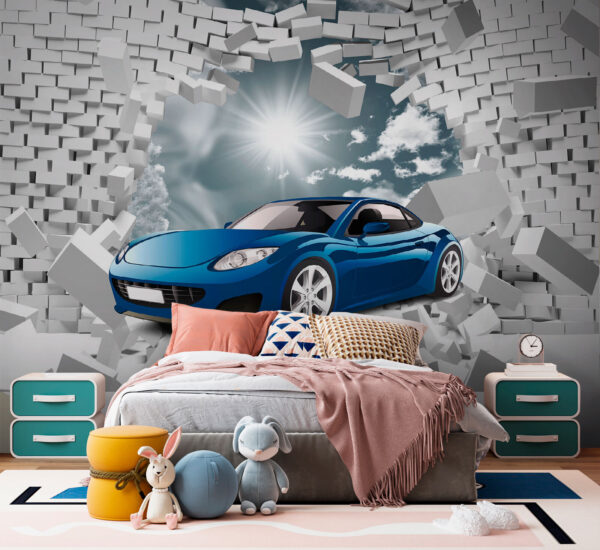 Blauwe auto in een muur van witte bakstenen Blauwe auto in een muur van witte bakstenen