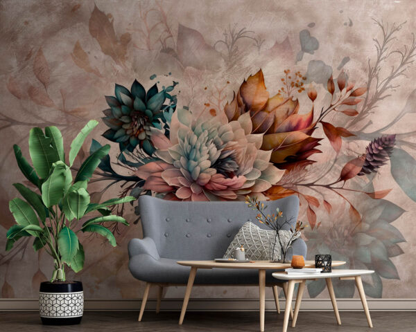 Schilderij van bloemen en bladeren Schilderij van bloemen en bladeren