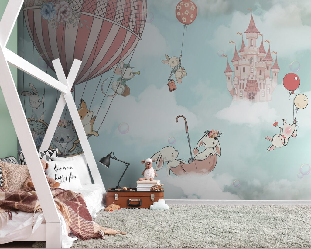 Cartoon of animals in a hot air balloon