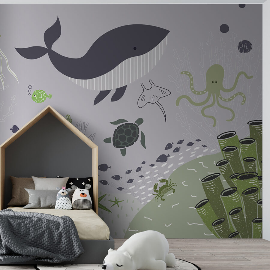 Een zeeleven met een walvis en schildpadden