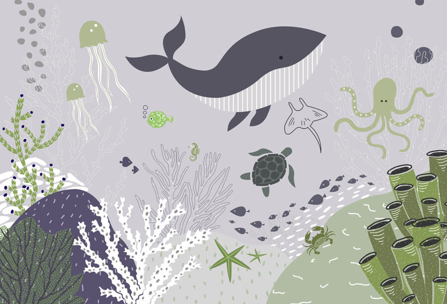 Een zeeleven met een walvis en schildpadden