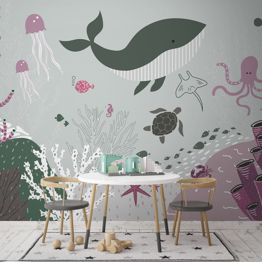 A sea life with a whale and seaweed