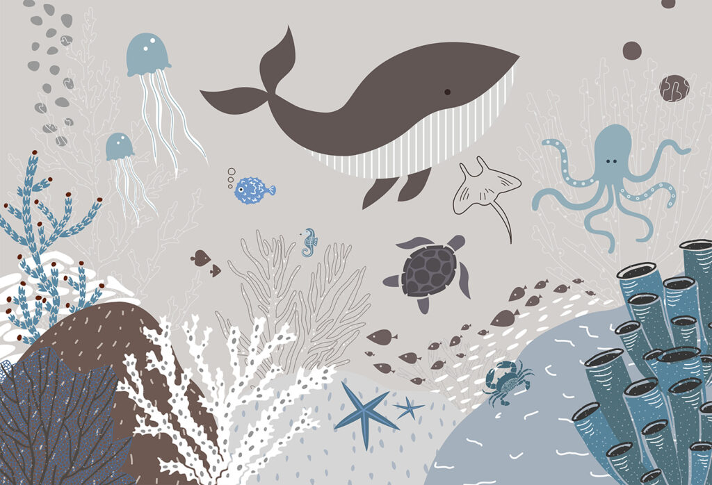 Een zeeleven met een walvis en zeewier Een zeeleven met een walvis en zeewier