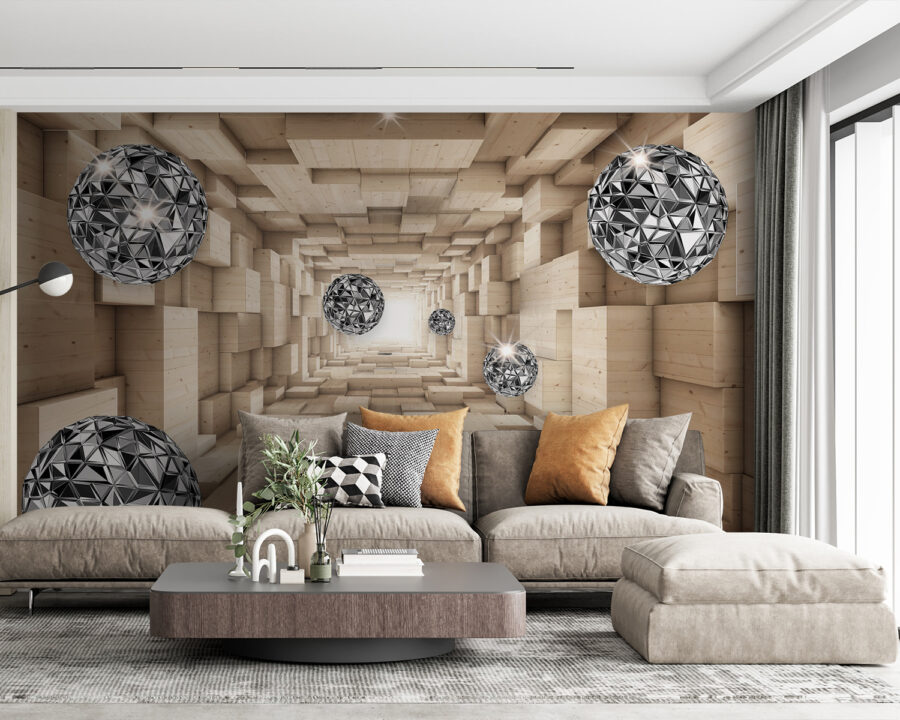 Kamer met hout en zilveren ballen