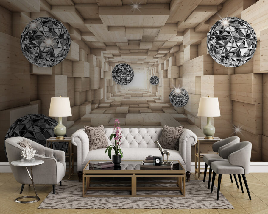 Kamer met hout en zilveren ballen