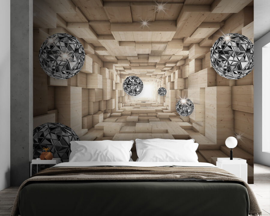 Kamer met hout en zilveren ballen