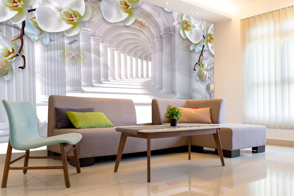 White columns and flowers in a hallway White columns and flowers in a hallway