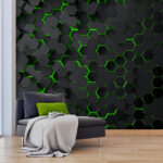 Fotobehang Een zwarte zeshoek met groene lichtjes