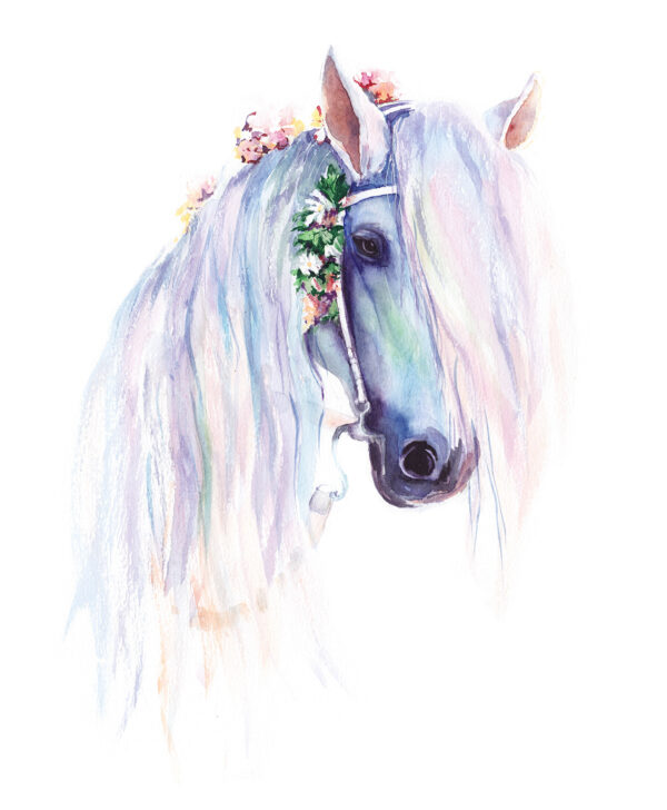 Aquarel van een paard met bloemen op zijn hoofd u93591p 600x728 - Aquarel van een paard met bloemen op zijn hoofd