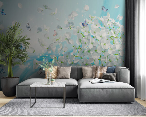 Witte bloemen met vliegende vlinders Witte bloemen met vliegende vlinders