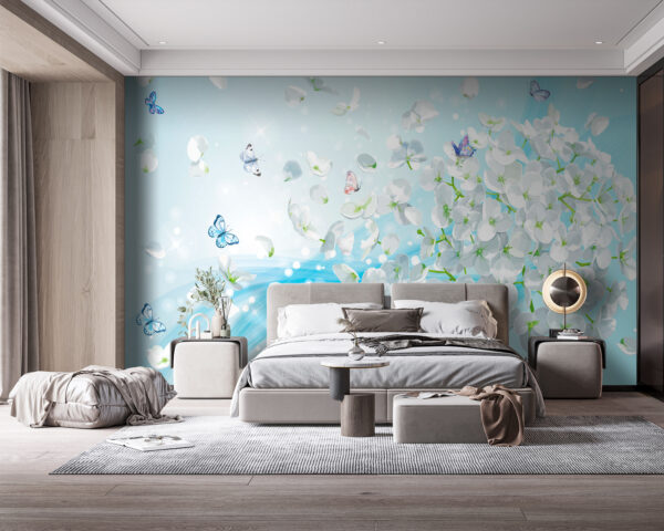 Witte bloemen met vliegende vlinders Witte bloemen met vliegende vlinders