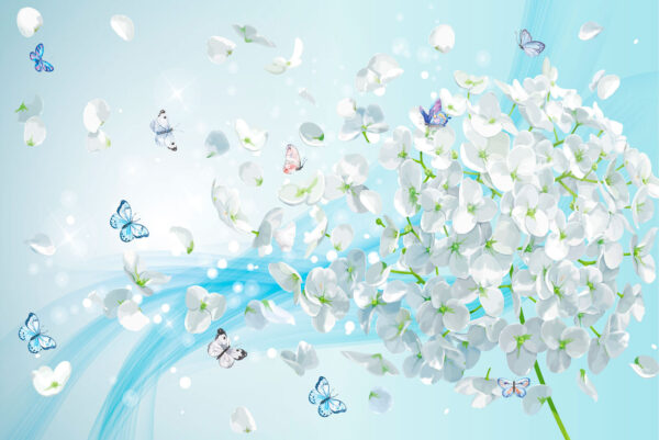 Witte bloemen met vliegende vlinders Witte bloemen met vliegende vlinders