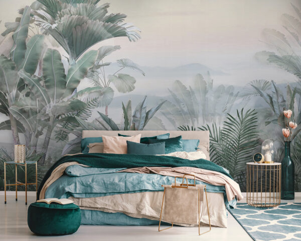 Foggy landscape with plants