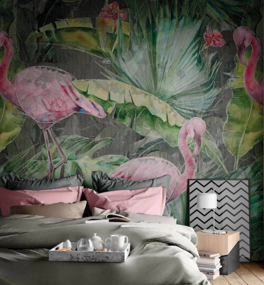 Roze flamingo en groene bladeren