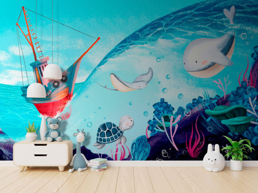 Fotobehang Spotprent van een boot en zeedieren - Afbeelding 3